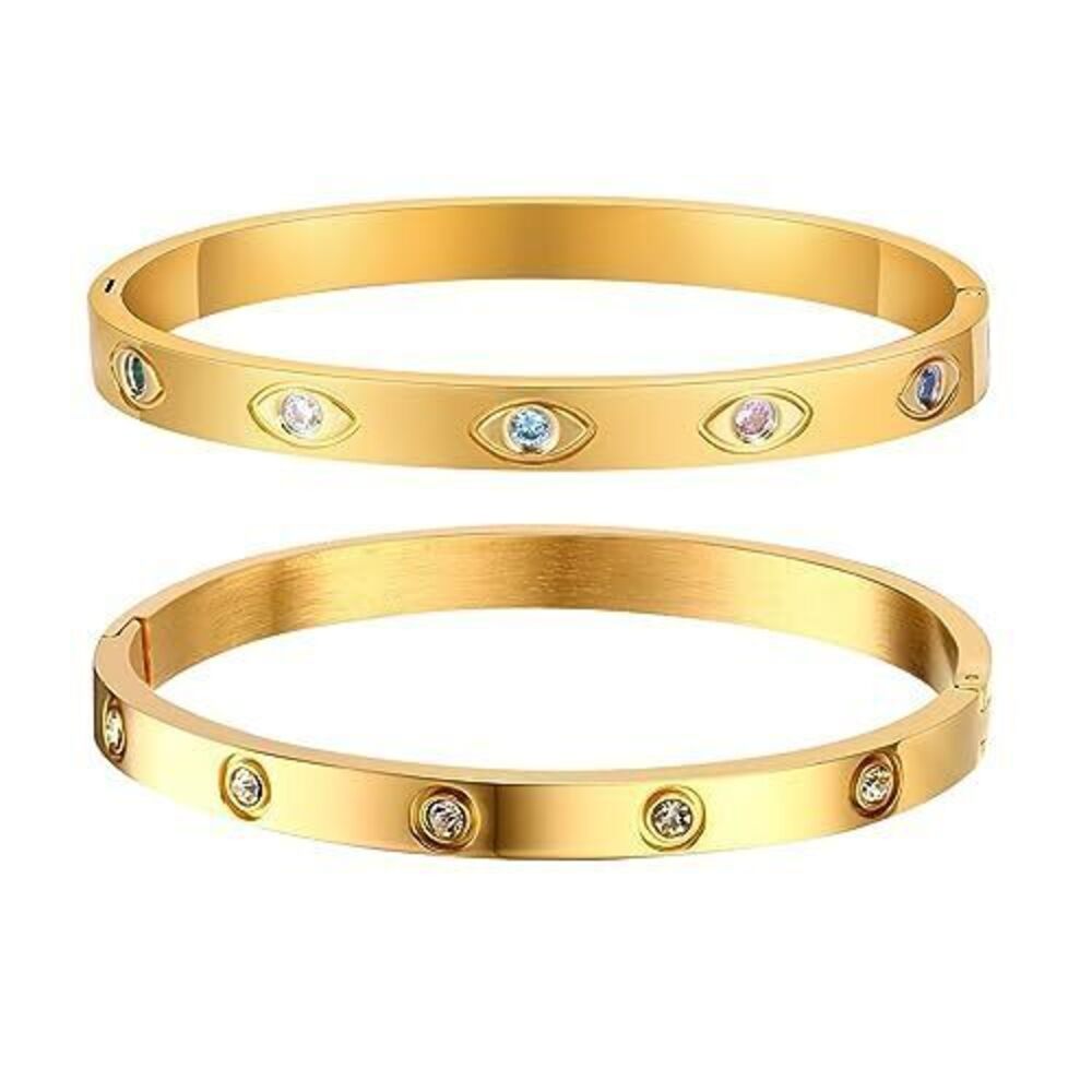 2277 Gold Bracelets , 2Pcs 18K Gold Plated Cubic Zirconia Bangle Crystal